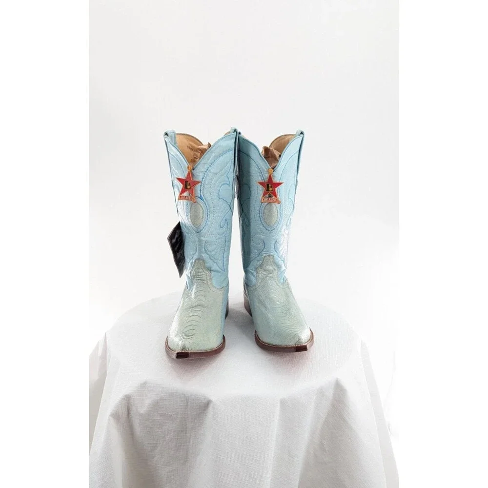 NWT Los Altos Sz 9 EE Rare Pale Blue Cowboy Boots Python? Embroidered Ranch West